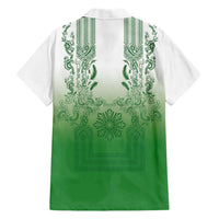 Philippines Barong Style Family Matching Off The Shoulder Long Sleeve Dress and Hawaiian Shirt with Polynesian Art and Leaf Motif Green Color
