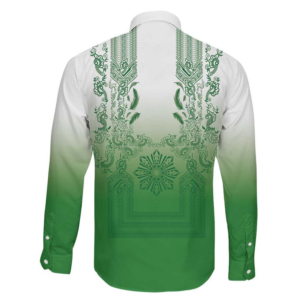 Philippines Barong Style Family Matching Off The Shoulder Long Sleeve Dress and Hawaiian Shirt with Polynesian Art and Leaf Motif Green Color