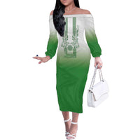 Philippines Barong Style Family Matching Off The Shoulder Long Sleeve Dress and Hawaiian Shirt with Polynesian Art and Leaf Motif Green Color