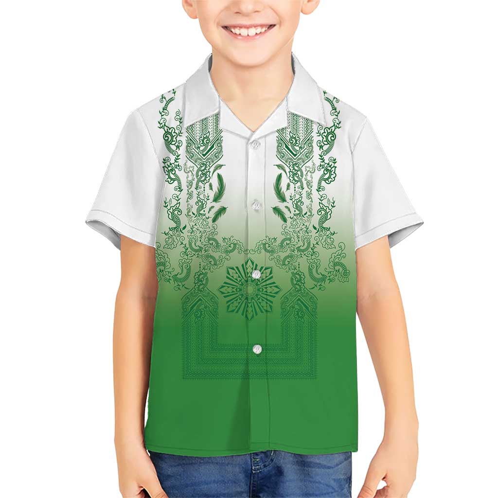 Philippines Barong Style Family Matching Off The Shoulder Long Sleeve Dress and Hawaiian Shirt with Polynesian Art and Leaf Motif Green Color