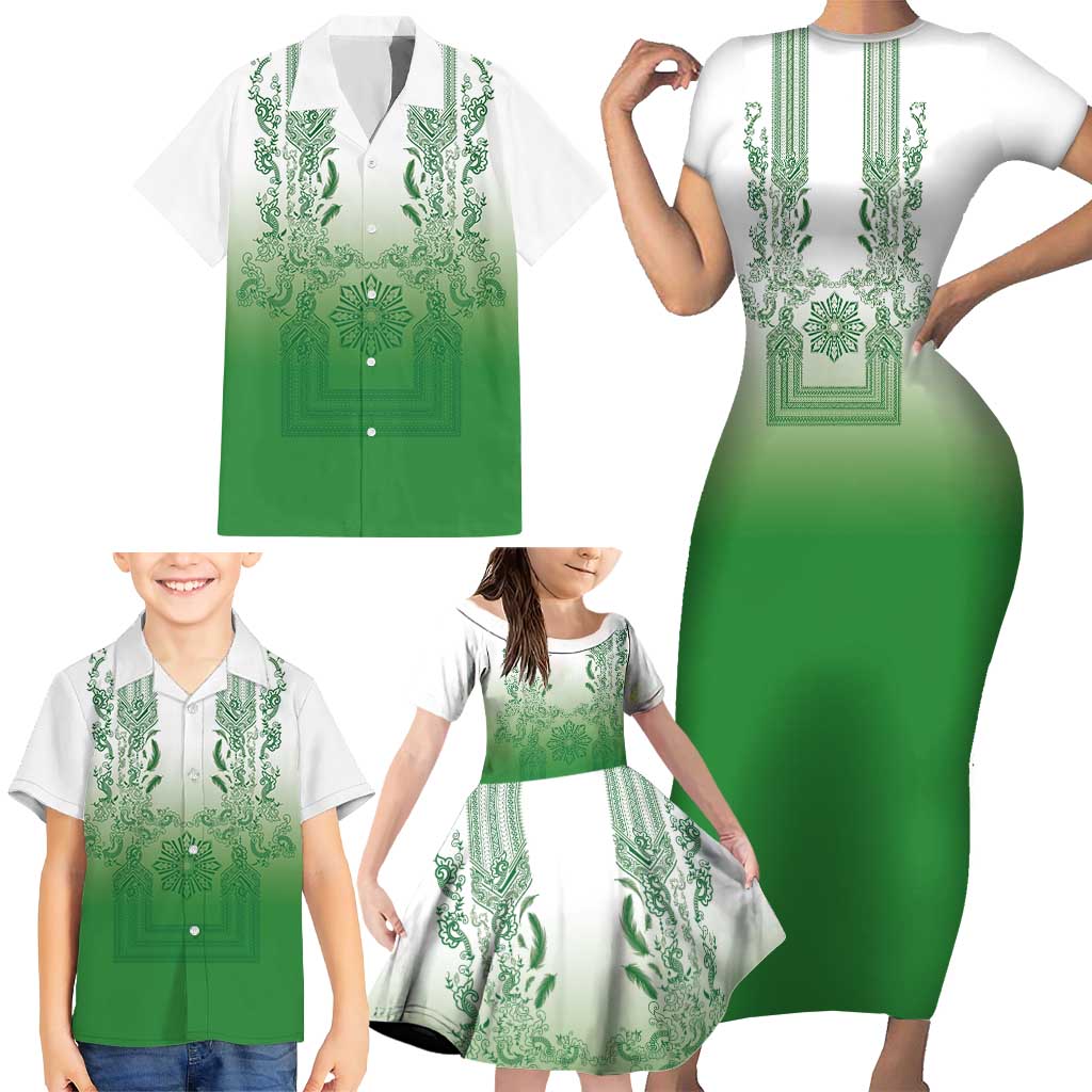 Philippines Barong Style Family Matching Short Sleeve Bodycon Dress and Hawaiian Shirt with Polynesian Art and Leaf Motif Green Color LT03 - Polynesian Pride
