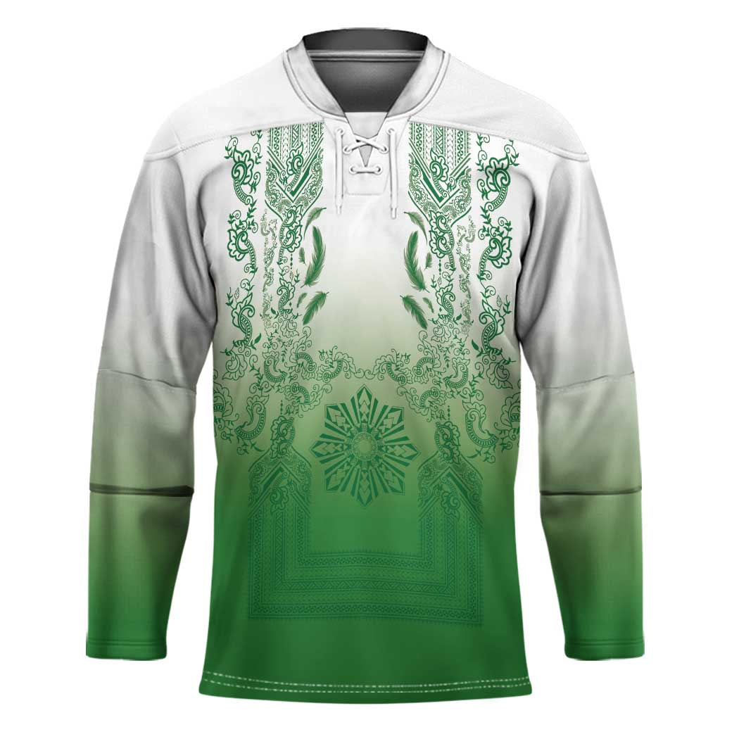 Philippines Barong Style Hockey Jersey with Polynesian Art and Leaf Motif Green Color