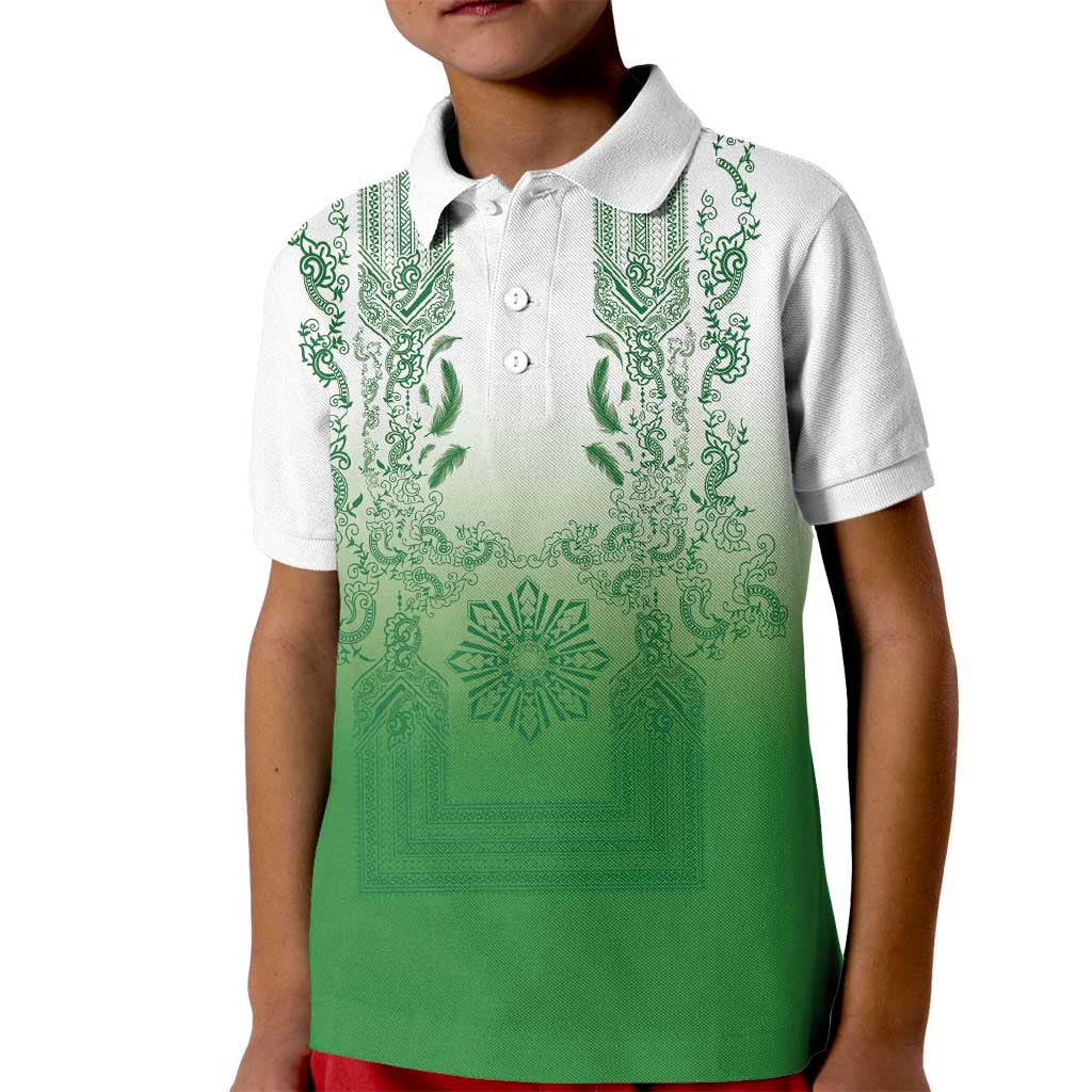 Philippines Barong Style Kid Polo Shirt with Polynesian Art and Leaf Motif Green Color