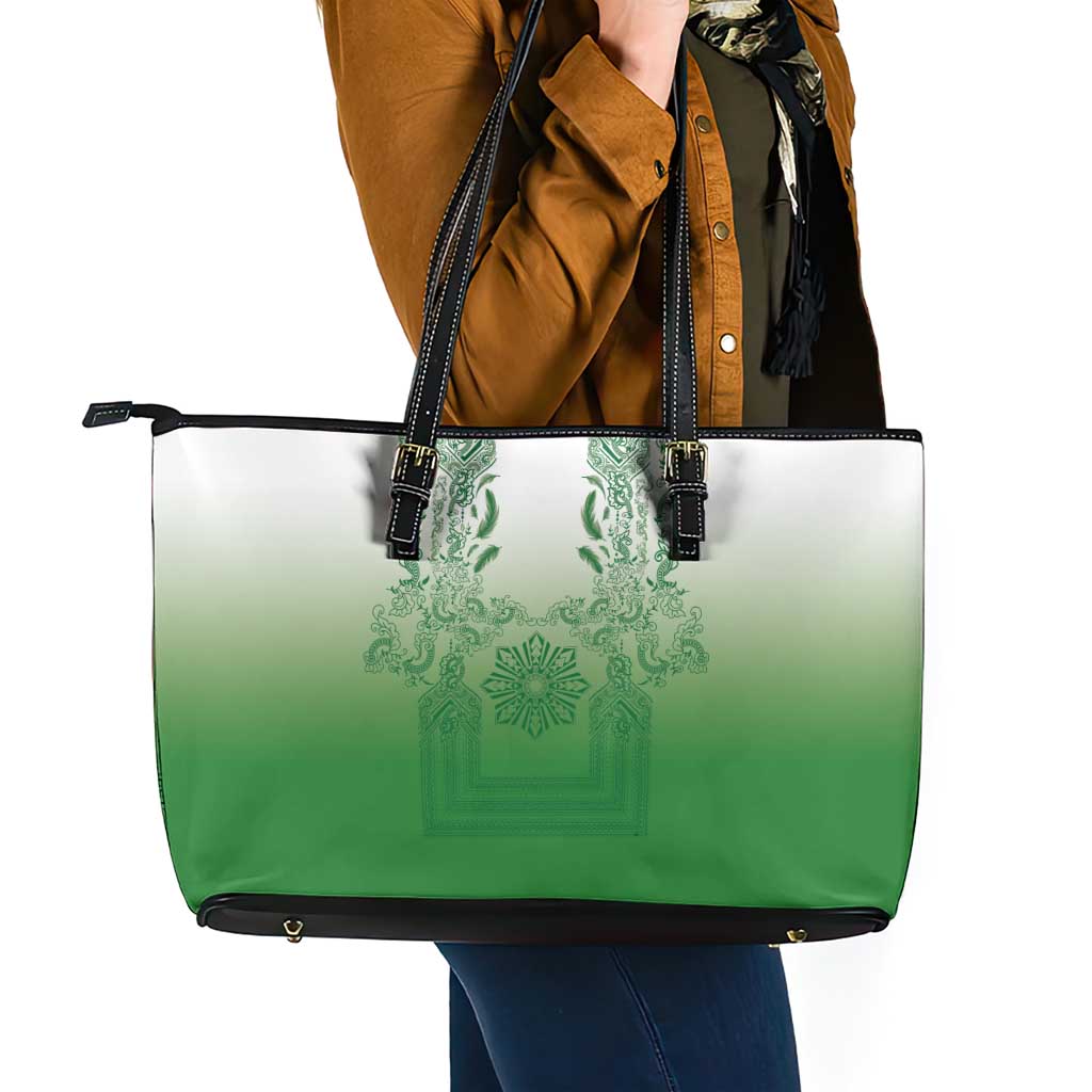 Philippines Barong Style Leather Tote Bag with Polynesian Art and Leaf Motif Green Color