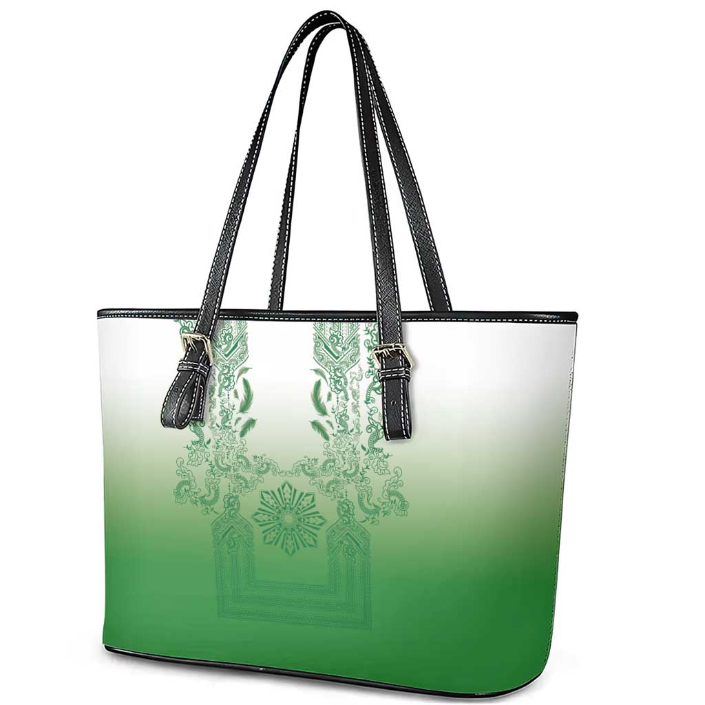 Philippines Barong Style Leather Tote Bag with Polynesian Art and Leaf Motif Green Color