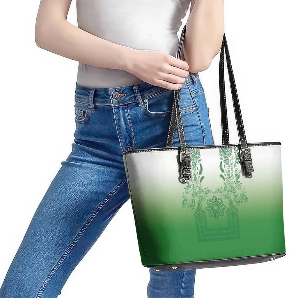 Philippines Barong Style Leather Tote Bag with Polynesian Art and Leaf Motif Green Color