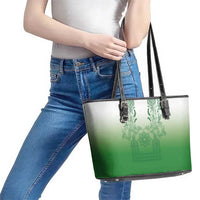 Philippines Barong Style Leather Tote Bag with Polynesian Art and Leaf Motif Green Color