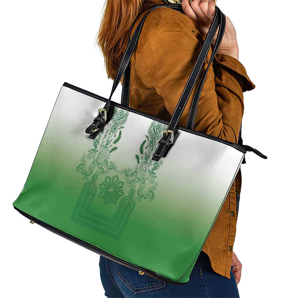 Philippines Barong Style Leather Tote Bag with Polynesian Art and Leaf Motif Green Color