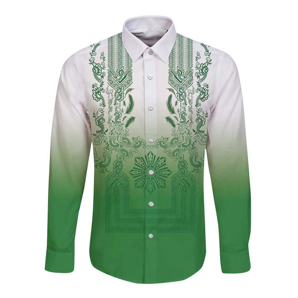 Philippines Barong Style Long Sleeve Button Shirt with Polynesian Art and Leaf Motif Green Color LT03 Unisex Green - Polynesian Pride