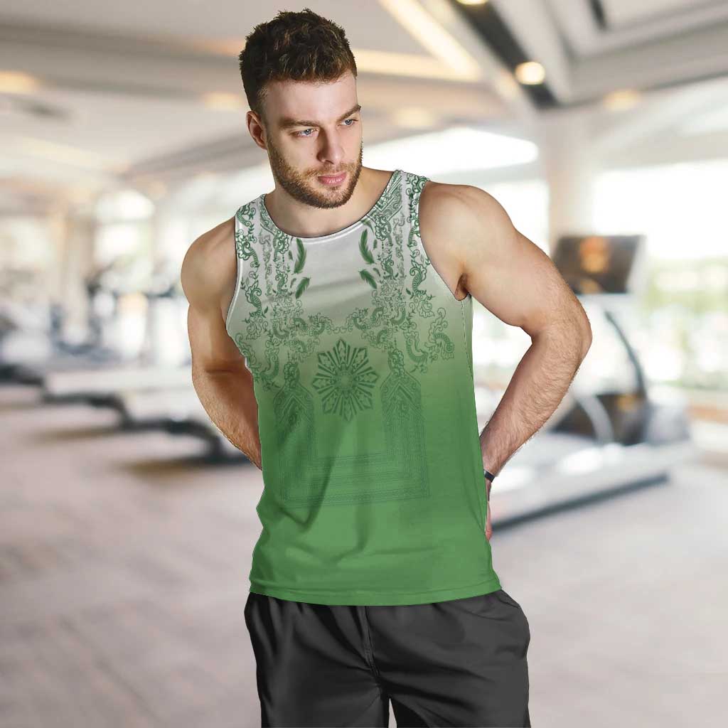 Philippines Barong Style Men Tank Top with Polynesian Art and Leaf Motif Green Color