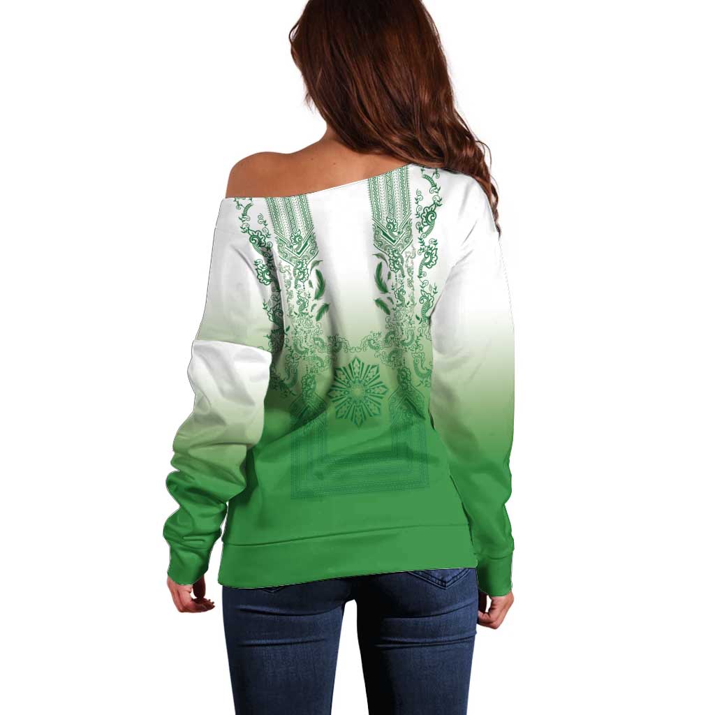 Philippines Barong Style Off Shoulder Sweater with Polynesian Art and Leaf Motif Green Color LT03 - Polynesian Pride