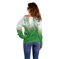 Philippines Barong Style Off Shoulder Sweater with Polynesian Art and Leaf Motif Green Color LT03 - Polynesian Pride