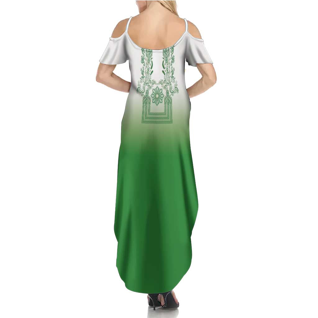 Philippines Barong Style Summer Maxi Dress with Polynesian Art and Leaf Motif Green Color LT03 - Polynesian Pride