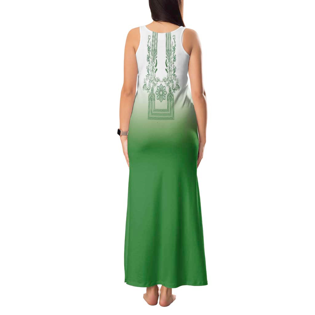 Philippines Barong Style Tank Maxi Dress with Polynesian Art and Leaf Motif Green Color LT03 - Polynesian Pride