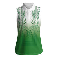 Philippines Barong Style Women Sleeveless Polo Shirt with Polynesian Art and Leaf Motif Green Color