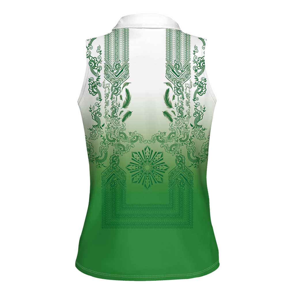 Philippines Barong Style Women Sleeveless Polo Shirt with Polynesian Art and Leaf Motif Green Color
