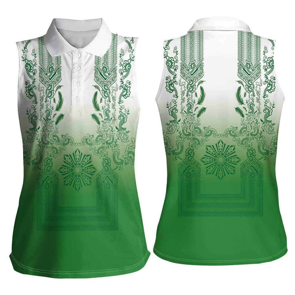 Philippines Barong Style Women Sleeveless Polo Shirt with Polynesian Art and Leaf Motif Green Color