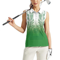 Philippines Barong Style Women Sleeveless Polo Shirt with Polynesian Art and Leaf Motif Green Color