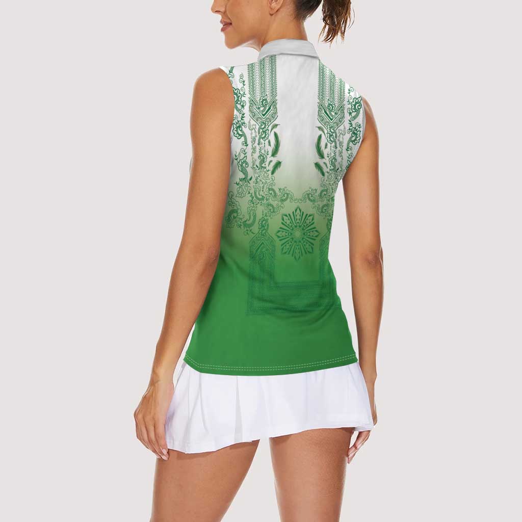 Philippines Barong Style Women Sleeveless Polo Shirt with Polynesian Art and Leaf Motif Green Color