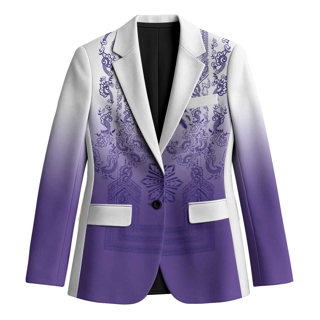 Philippines Barong Style Blazer with Polynesian Art and Leaf Motif Purple Color