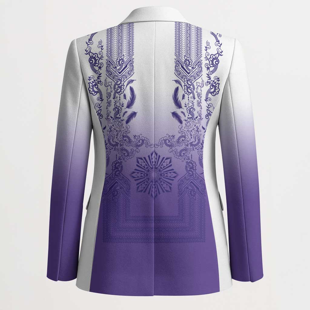 Philippines Barong Style Blazer with Polynesian Art and Leaf Motif Purple Color