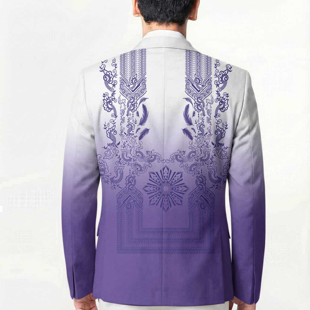 Philippines Barong Style Blazer with Polynesian Art and Leaf Motif Purple Color
