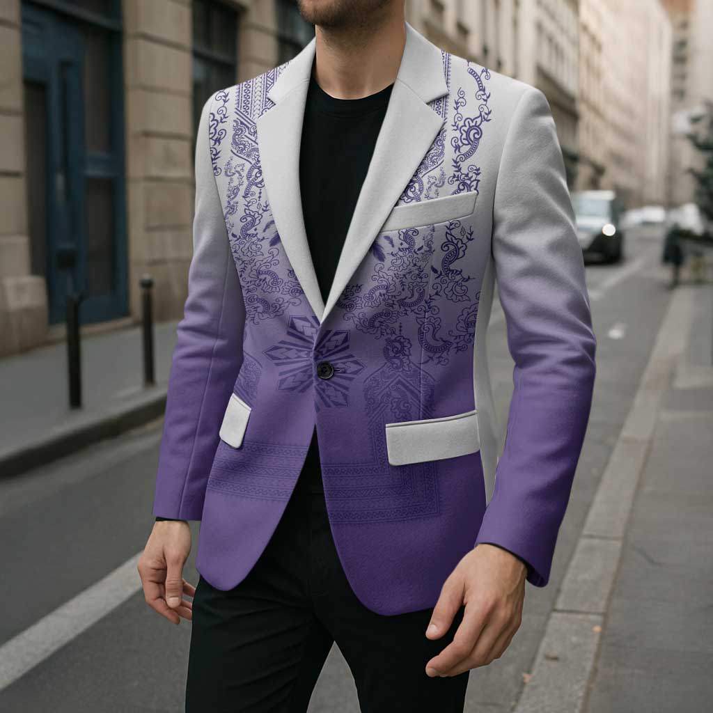 Philippines Barong Style Blazer with Polynesian Art and Leaf Motif Purple Color