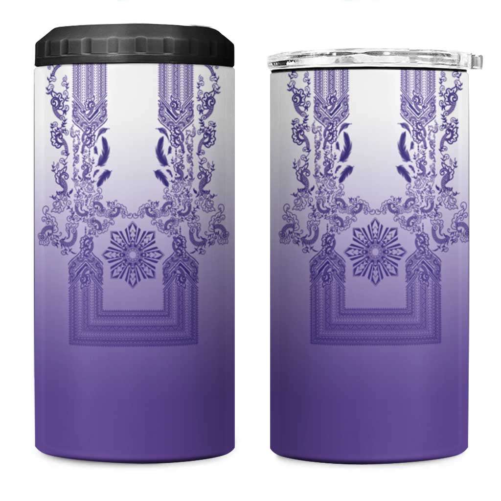 Philippines Barong Style 4 in 1 Can Cooler Tumbler with Polynesian Art and Leaf Motif Purple Color