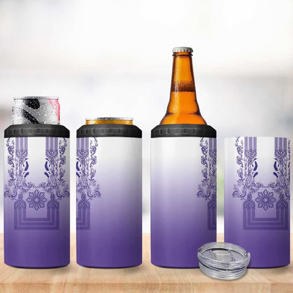Philippines Barong Style 4 in 1 Can Cooler Tumbler with Polynesian Art and Leaf Motif Purple Color