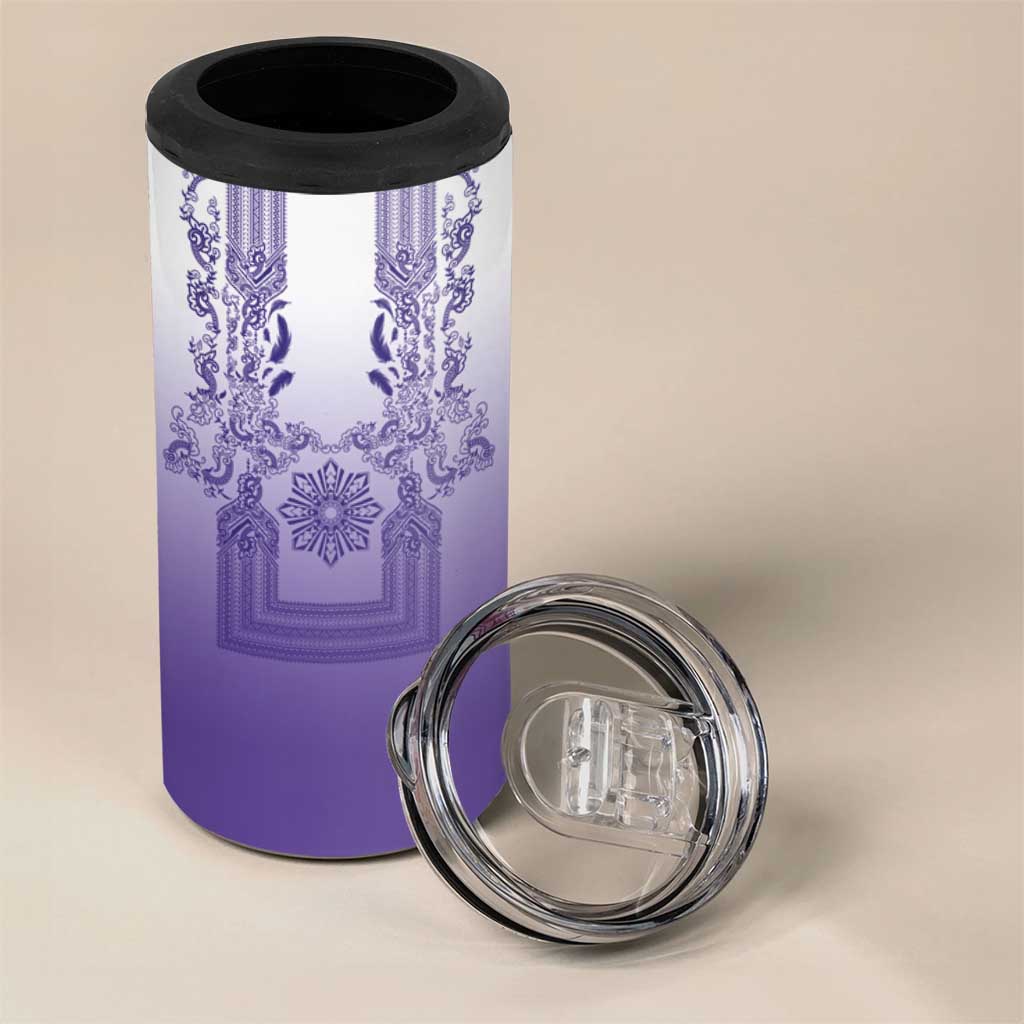 Philippines Barong Style 4 in 1 Can Cooler Tumbler with Polynesian Art and Leaf Motif Purple Color