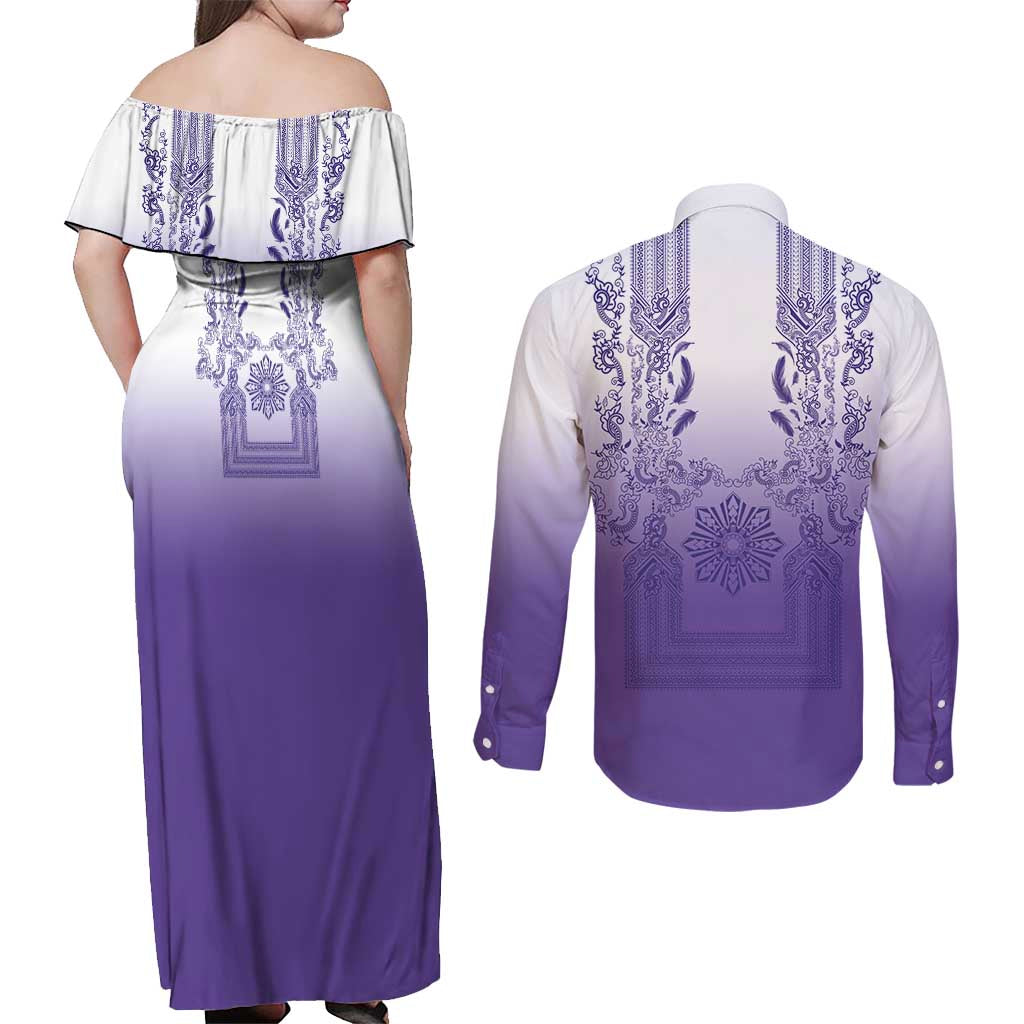 Philippines Barong Style Couples Matching Off Shoulder Maxi Dress and Long Sleeve Button Shirt with Polynesian Art and Leaf Motif Purple Color