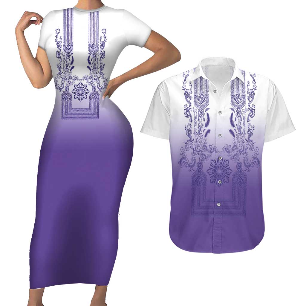 Philippines Barong Style Couples Matching Short Sleeve Bodycon Dress and Hawaiian Shirt with Polynesian Art and Leaf Motif Purple Color