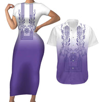 Philippines Barong Style Couples Matching Short Sleeve Bodycon Dress and Hawaiian Shirt with Polynesian Art and Leaf Motif Purple Color