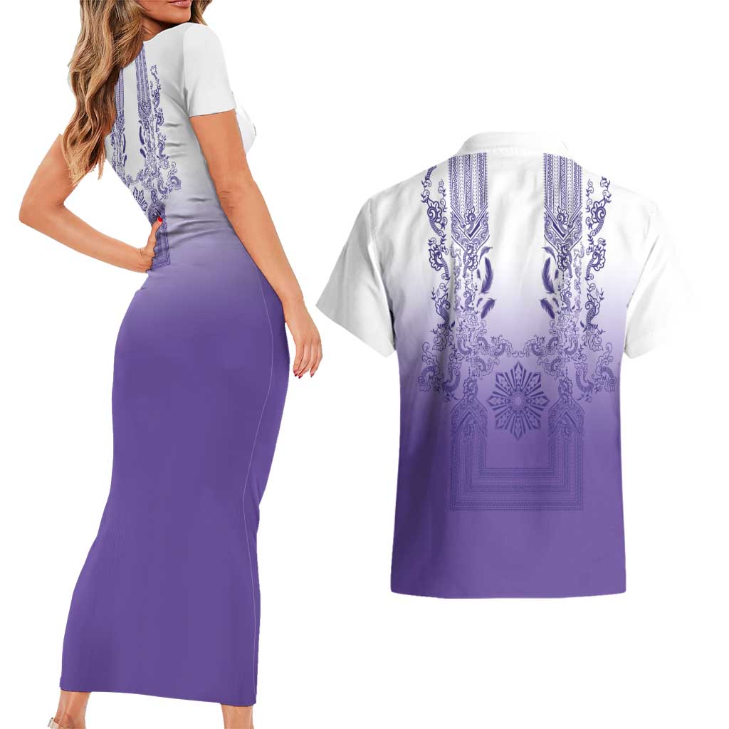 Philippines Barong Style Couples Matching Short Sleeve Bodycon Dress and Hawaiian Shirt with Polynesian Art and Leaf Motif Purple Color