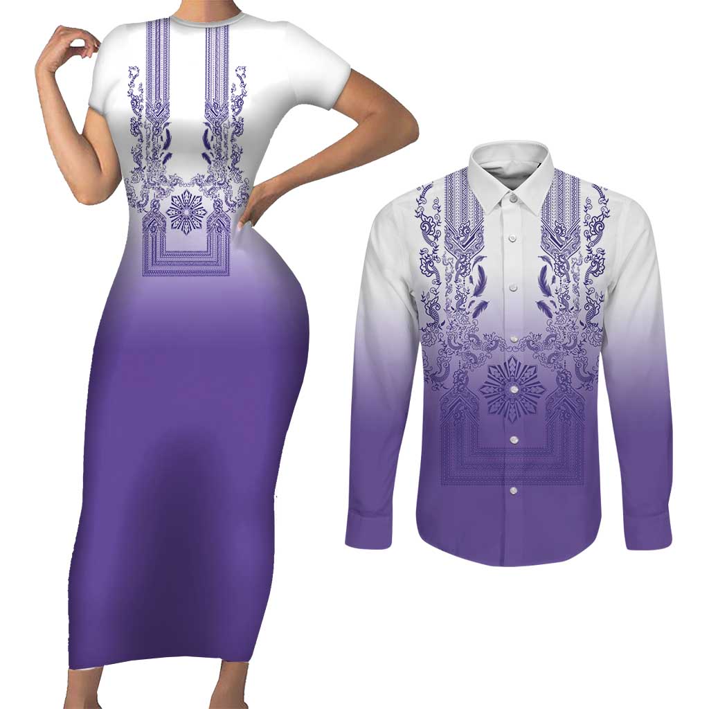 Philippines Barong Style Couples Matching Short Sleeve Bodycon Dress and Long Sleeve Button Shirt with Polynesian Art and Leaf Motif Purple Color LT03 Purple - Polynesian Pride