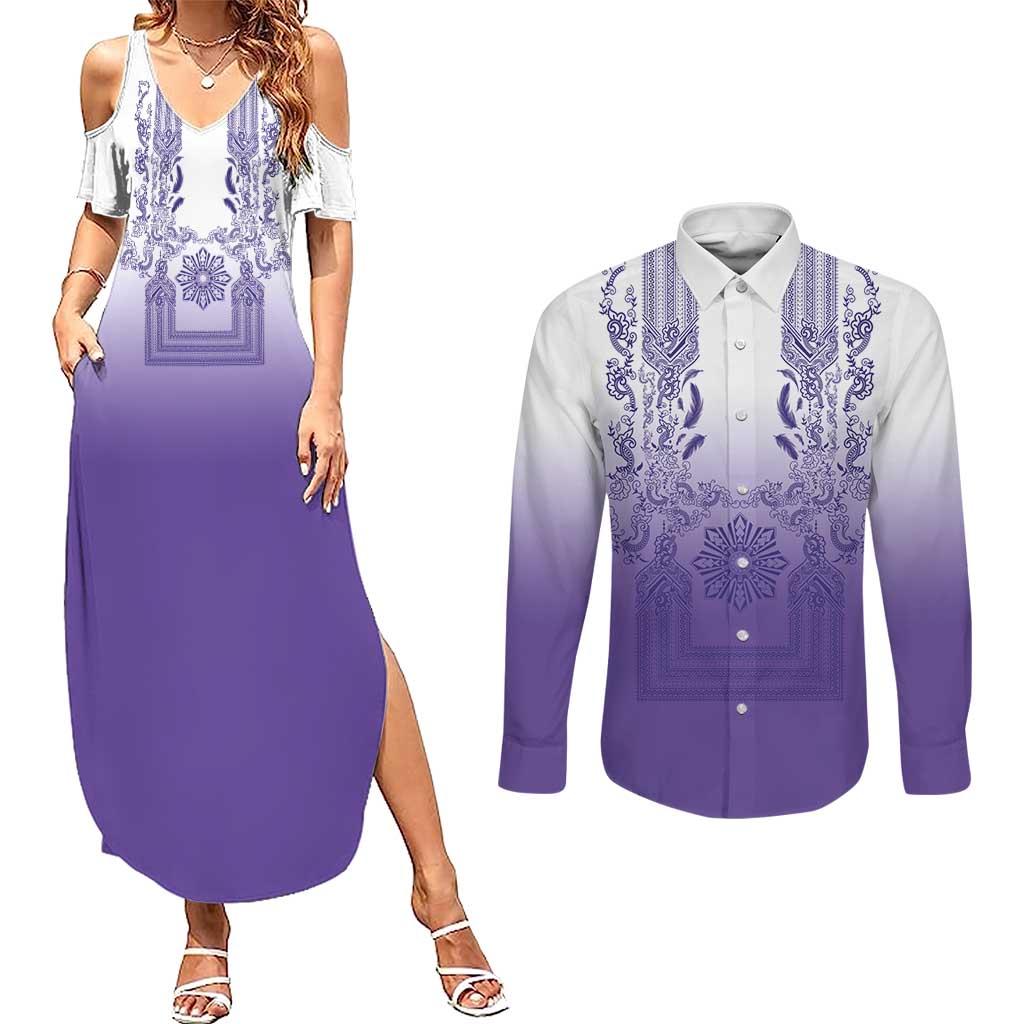 Philippines Barong Style Couples Matching Summer Maxi Dress and Long Sleeve Button Shirt with Polynesian Art and Leaf Motif Purple Color LT03 Purple - Polynesian Pride