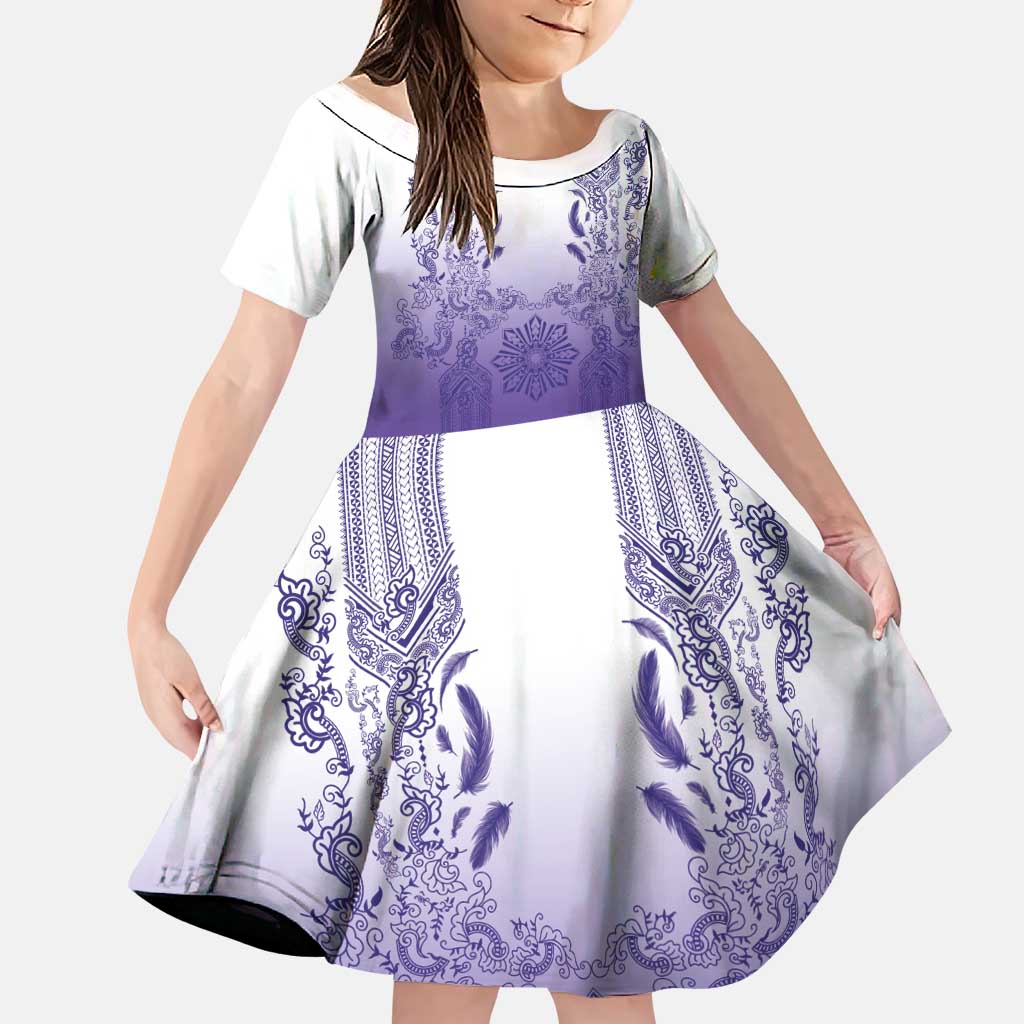 Philippines Barong Style Family Matching Long Sleeve Bodycon Dress and Hawaiian Shirt with Polynesian Art and Leaf Motif Purple Color LT03 Daughter's Dress Purple - Polynesian Pride