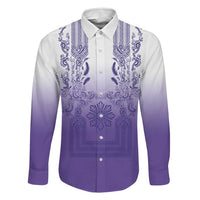 Philippines Barong Style Family Matching Off The Shoulder Long Sleeve Dress and Hawaiian Shirt with Polynesian Art and Leaf Motif Purple Color LT03 Dad's Shirt - Long Sleeve Purple - Polynesian Pride