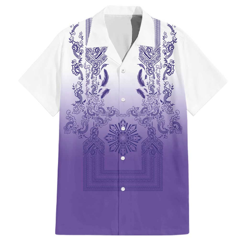 Philippines Barong Style Family Matching Off Shoulder Maxi Dress and Hawaiian Shirt with Polynesian Art and Leaf Motif Purple Color LT03 Dad's Shirt - Short Sleeve Purple - Polynesian Pride
