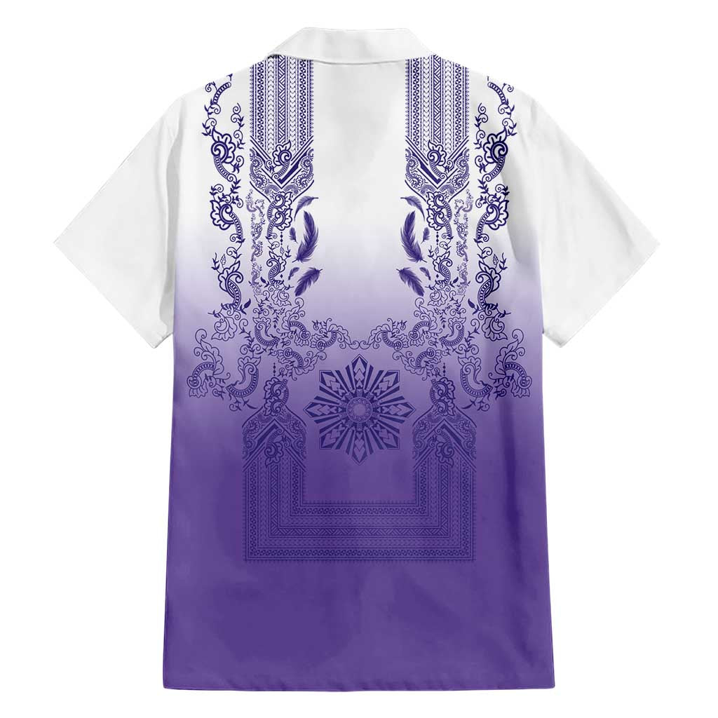 Philippines Barong Style Family Matching Off Shoulder Short Dress and Hawaiian Shirt with Polynesian Art and Leaf Motif Purple Color LT03 - Polynesian Pride
