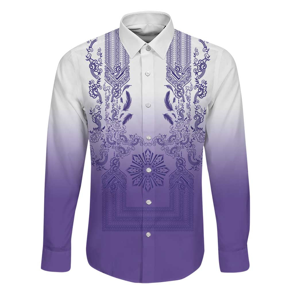 Philippines Barong Style Family Matching Summer Maxi Dress and Hawaiian Shirt with Polynesian Art and Leaf Motif Purple Color LT03 Dad's Shirt - Long Sleeve Purple - Polynesian Pride