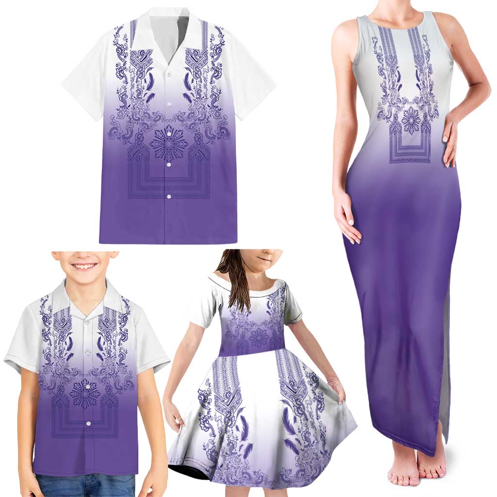 Philippines Barong Style Family Matching Tank Maxi Dress and Hawaiian Shirt with Polynesian Art and Leaf Motif Purple Color