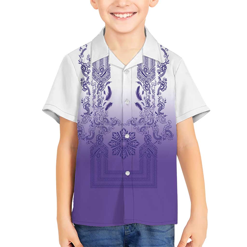 Philippines Barong Style Kid Hawaiian Shirt with Polynesian Art and Leaf Motif Purple Color