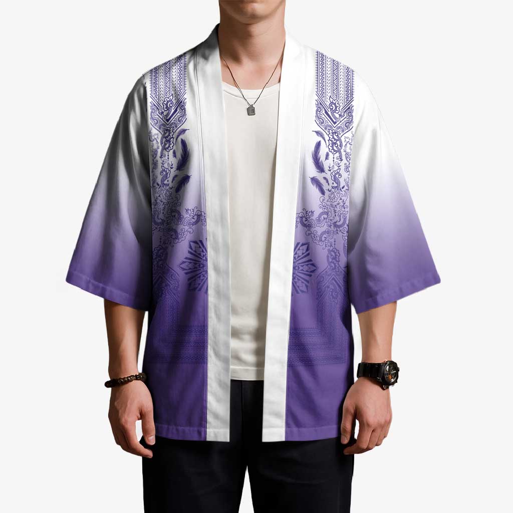 Philippines Barong Style Kimono with Polynesian Art and Leaf Motif Purple Color LT03 - Polynesian Pride