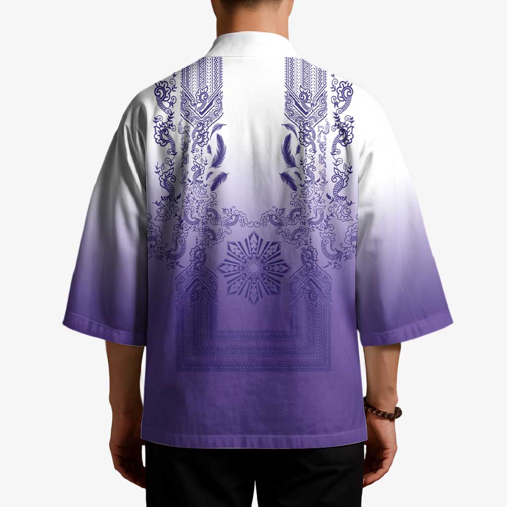 Philippines Barong Style Kimono with Polynesian Art and Leaf Motif Purple Color LT03 - Polynesian Pride