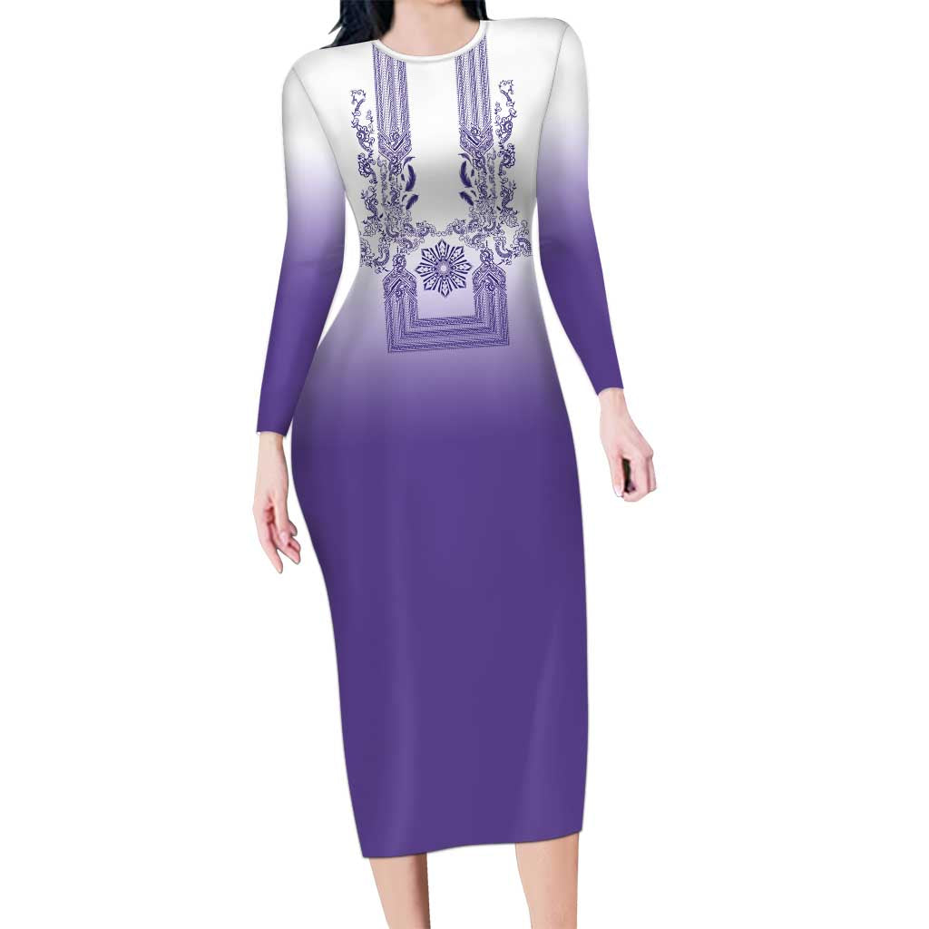 Philippines Barong Style Long Sleeve Bodycon Dress with Polynesian Art and Leaf Motif Purple Color