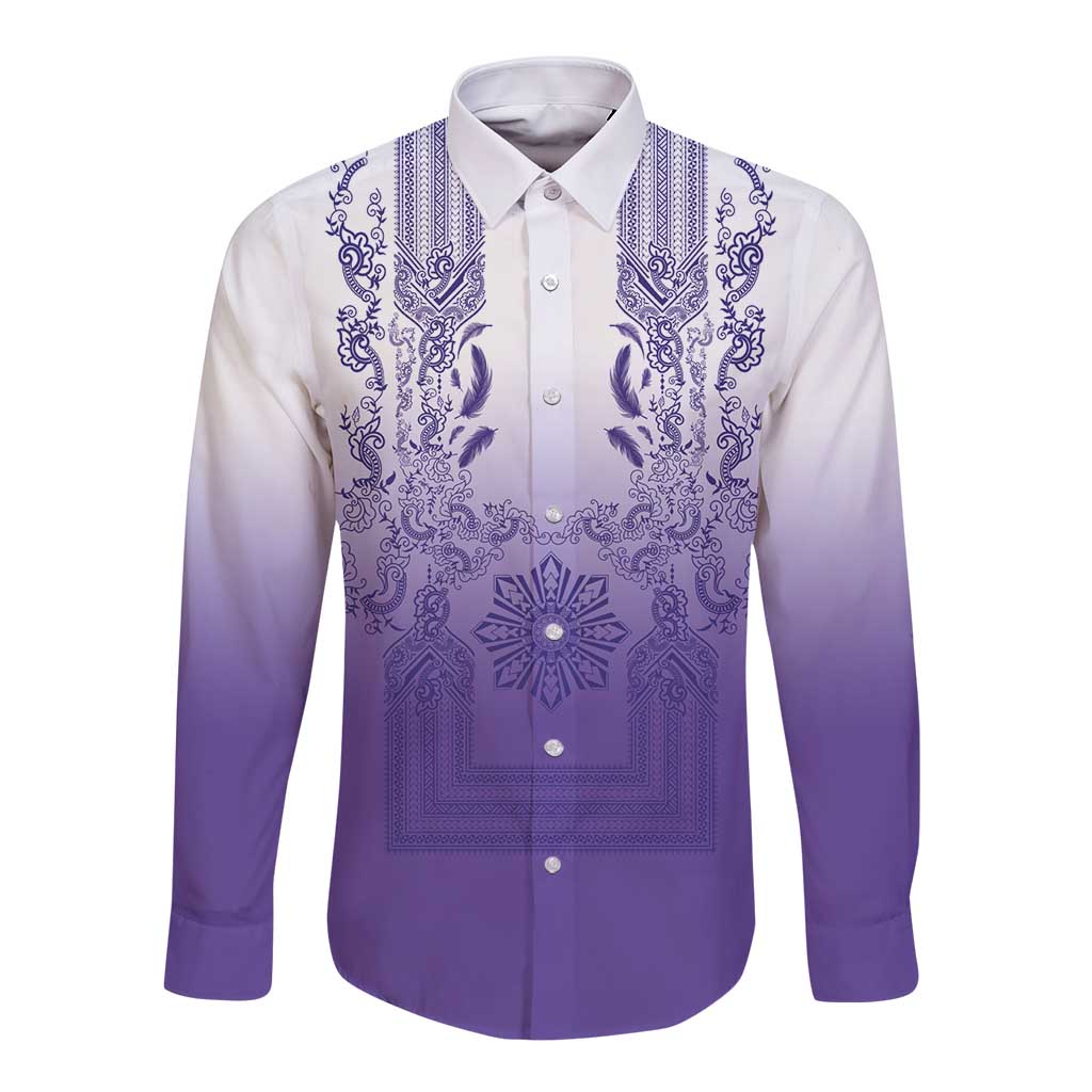 Philippines Barong Style Long Sleeve Button Shirt with Polynesian Art and Leaf Motif Purple Color LT03 Unisex Purple - Polynesian Pride