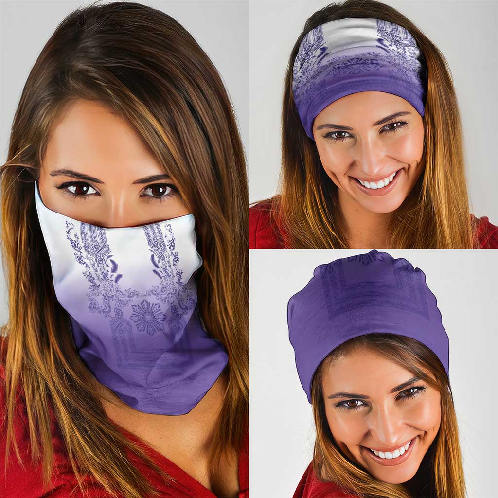 Philippines Barong Style Neck Gaiter with Polynesian Art and Leaf Motif Purple Color