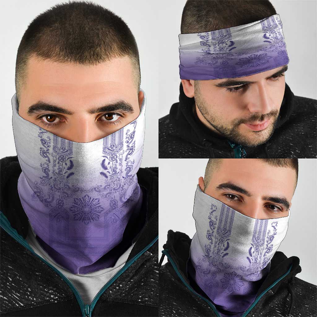 Philippines Barong Style Neck Gaiter with Polynesian Art and Leaf Motif Purple Color