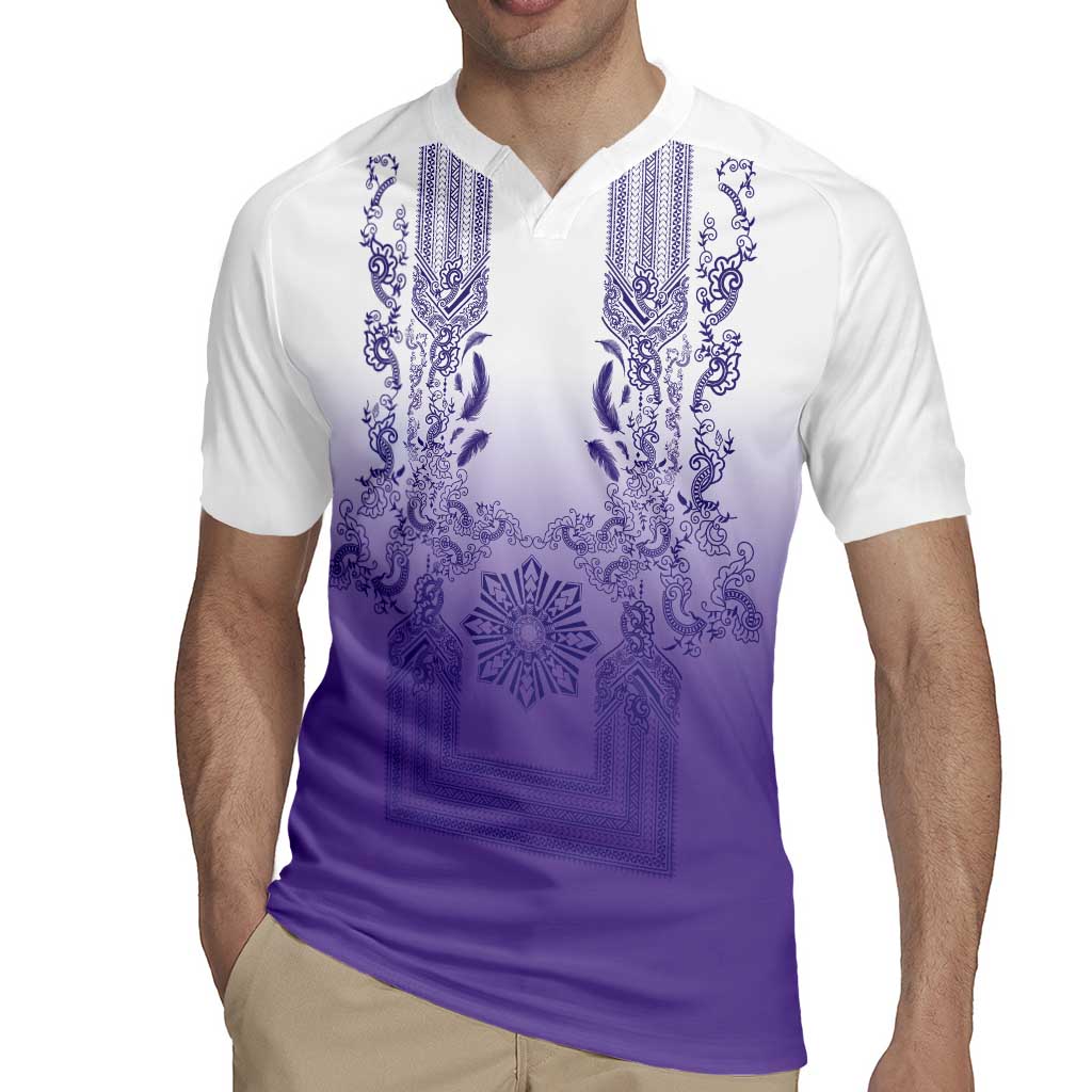 Philippines Barong Style Rugby Jersey with Polynesian Art and Leaf Motif Purple Color LT03 - Polynesian Pride